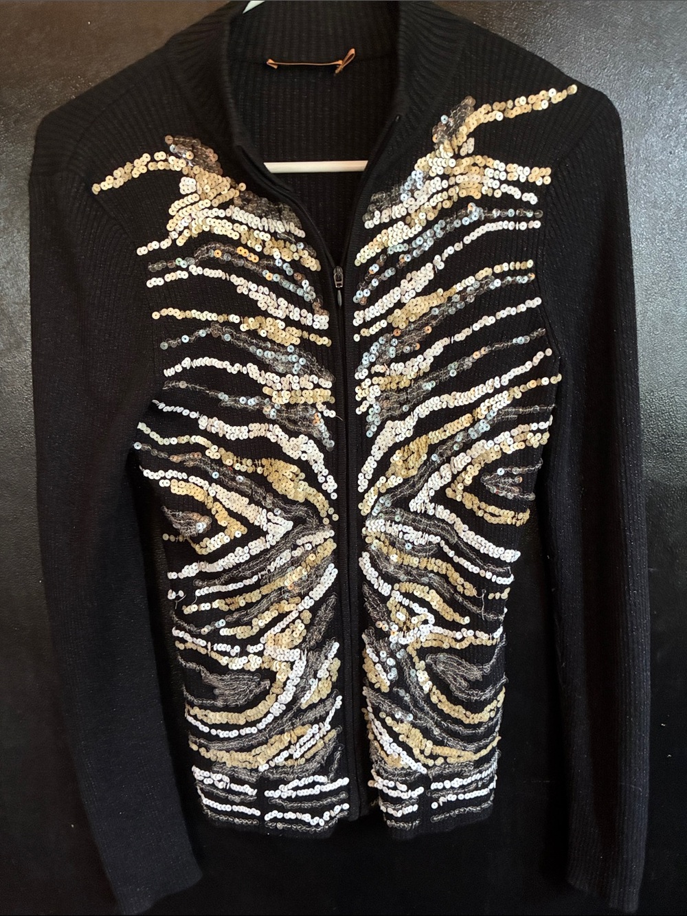 Belldini Black Silk Zip Cardigan with Gold and Silver Sequin Zebra Motif